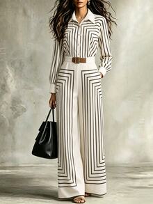 Trelyra Women's New Fashion Linear Lapel Long Sleeve Belt Waist Cinched Decorative Casual Commute Jumpsuit - Apricot - View 3