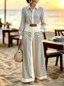 Trelyra Women's New Fashion Linear Lapel Long Sleeve Belt Waist Cinched Decorative Casual Commute Jumpsuit - Apricot - View 8