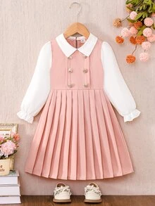 SHEIN Elladie kids 女童皇家藍小翻領雙排扣百褶下擺長袖二合一洋裝，適合日常休閒、優雅可愛、通勤與校園風格 - 淺粉色 - 查看 4