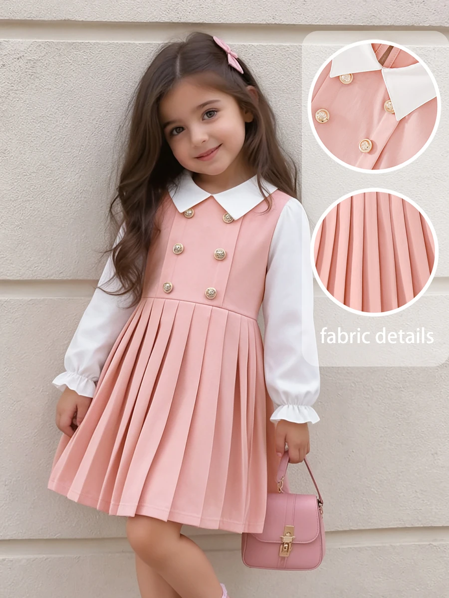 SHEIN Elladie kids 女童皇家藍小翻領雙排扣百褶下擺長袖二合一洋裝,適合日常休閒、優雅可愛、通勤與校園風格 - 淺粉色 - 查看 1