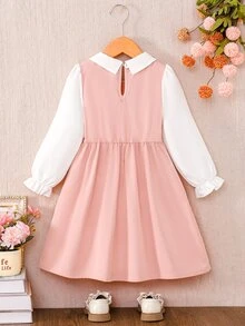 SHEIN Elladie kids 女童皇家藍小翻領雙排扣百褶下擺長袖二合一洋裝，適合日常休閒、優雅可愛、通勤與校園風格 - 淺粉色 - 查看 2