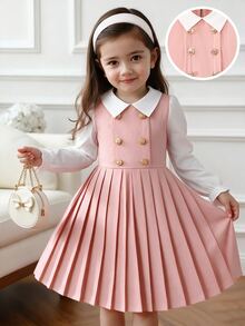 SHEIN Elladie kids 女童皇家藍小翻領雙排扣百褶下擺長袖二合一洋裝，適合日常休閒、優雅可愛、通勤與校園風格 - 淺粉色 - 查看 3