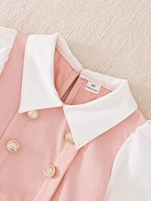 SHEIN Elladie kids 女童皇家藍小翻領雙排扣百褶下擺長袖二合一洋裝，適合日常休閒、優雅可愛、通勤與校園風格 - 淺粉色 - 查看 11