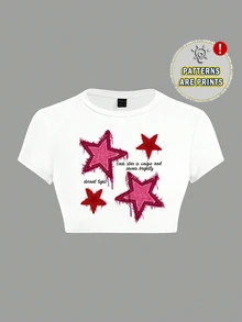 SHEIN ICON 休閒 Y2K 90年代風 極簡五角星圖案圓領短袖修身短版女款 T-shirt 夏季外出穿搭 白色與粉色 - 白色 - 查看 3