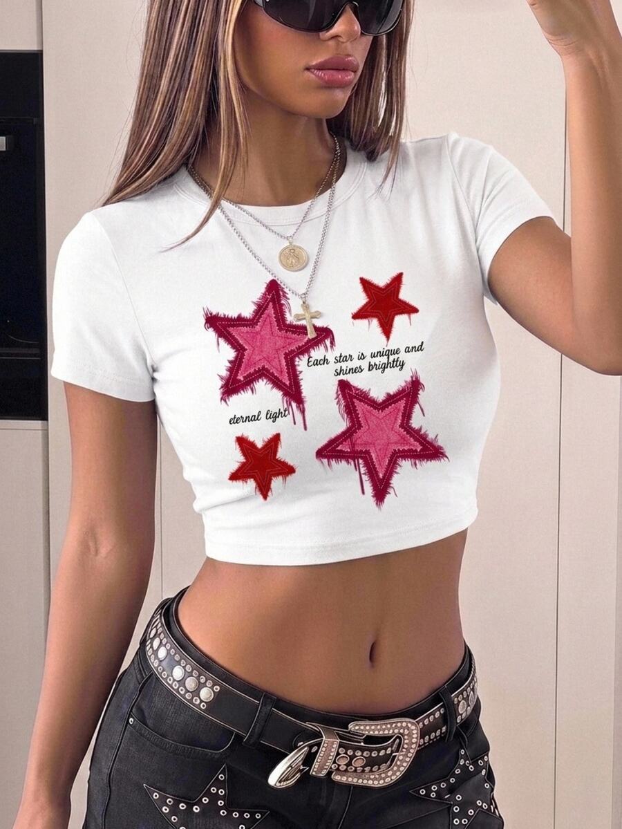 SHEIN ICON 休閒 Y2K 90年代風 極簡五角星圖案圓領短袖修身短版女款 T-shirt 夏季外出穿搭 白色與粉色 - 白色 - 查看 1