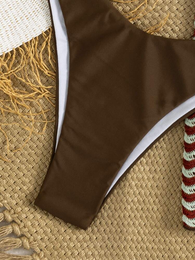 Swim Vcay طقم بيكيني نسائي صيفي للشاطئ كاجوال عصري للشباب، أساسي متعدد الاستخدامات بطابع ريترو وألوان متباينة وجمالية مميزة، من قماش كروشيه محبوك متموج، توب بيكيني بوبيه مع زينة معدنية وأحزمة، مع قطعة سفلية بيكيني عالية القص بلون بني سادة، وتنورة كفر أب بفتحة وزينة معدنية بتصميم غير متماثل، طقم 3 قطع (أحزمة كتف قابلة للفصل)، مناسب لعطلات الجزر وحفلات الإجازات والتنزه على الشاطئ وحفلات المسبح وأجواء الاسترخاء في العطلات - متعدد الألوان - مشاهدة 7