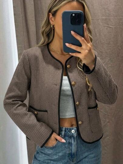 Easowa Women's Houndstooth Casual Elegant Versatile Daily Long Sleeve Jacket Office Black Autumn