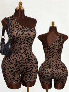 Mistrie Leopard Print Asymmetrical Shoulder Fitted Jumpsuit Shorts - Multicolor - View 3