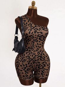Mistrie Leopard Print Asymmetrical Shoulder Fitted Jumpsuit Shorts - Multicolor - View 8