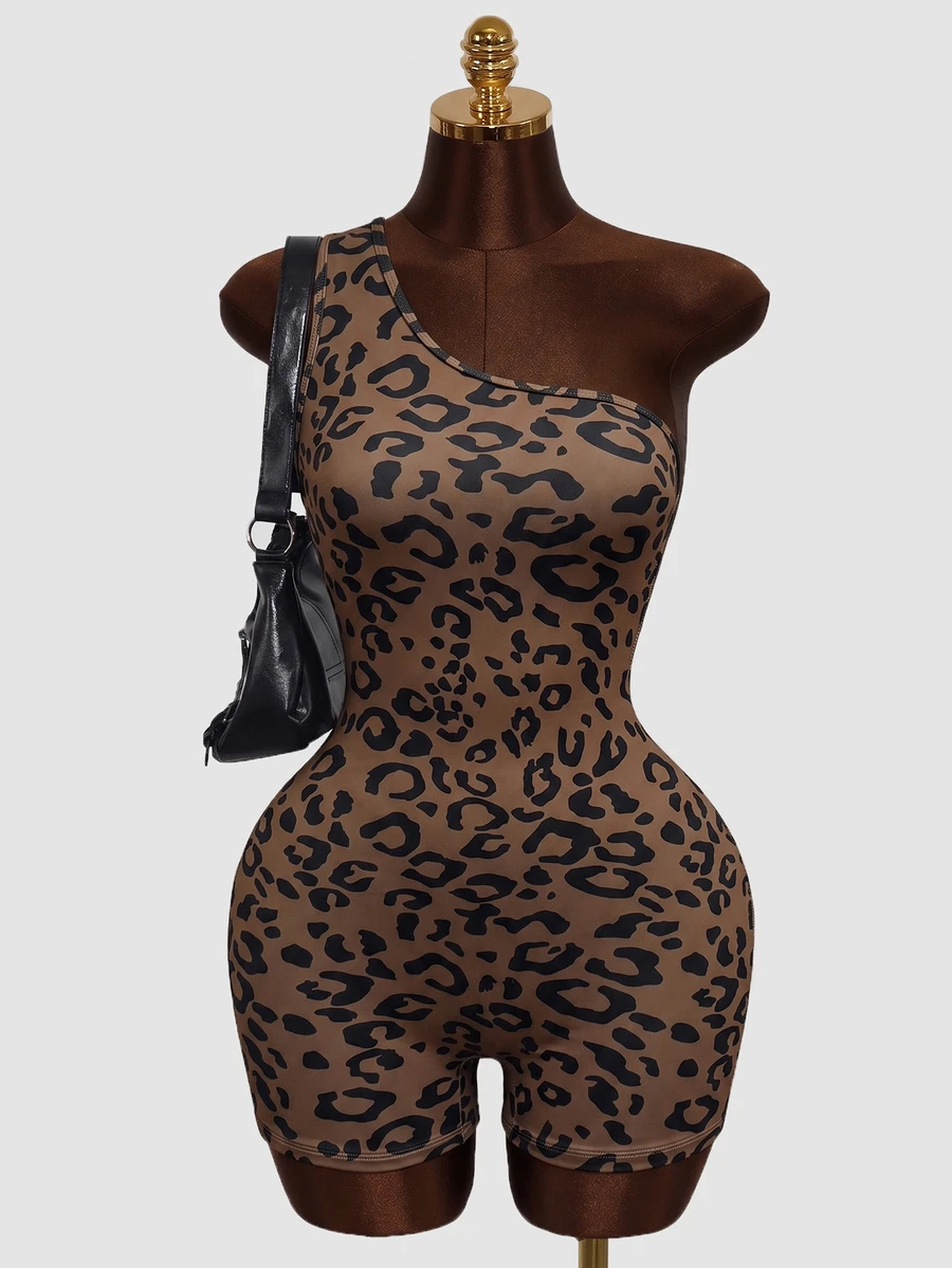 Mistrie Leopard Print Asymmetrical Shoulder Fitted Jumpsuit Shorts - Multicolor - View 1