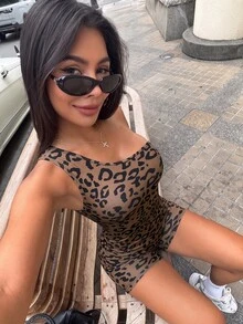 Mistrie Leopard Print Asymmetrical Shoulder Fitted Jumpsuit Shorts - Multicolor - View 7