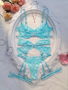 Crystal Vow 4件套女士性感蕾丝拼接内衣套装 - 淺藍色 - 查看 2