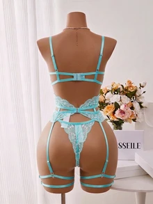 Crystal Vow 4件套女士性感蕾丝拼接内衣套装 - 淺藍色 - 查看 7