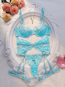 Crystal Vow 4件套女士性感蕾丝拼接内衣套装 - 淺藍色 - 查看 1