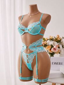 Crystal Vow 4件套女士性感蕾丝拼接内衣套装 - 淺藍色 - 查看 8