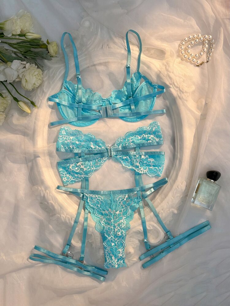 Crystal Vow 4pcs Women's Sexy Lace Patchwork Lingerie Set - Baby Blue - View 4