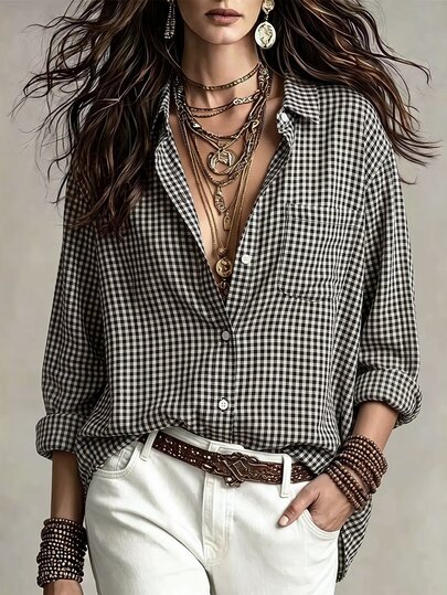 SHEIN LUNE CURVE Plus Size Women's Autumn Turn-Down Collar Casual Everyday Dropped Shoulder Long Sleeve Plaid Comfortable Shirt Versatile Top Fall