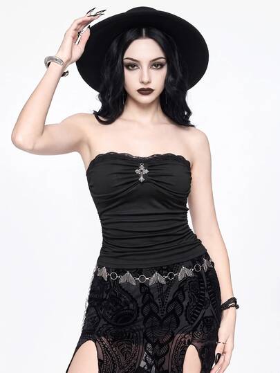 Goth Spring/Summer Black Sexy Minimalist Lace Trim Metal Cross Decor Bodycon Camisole Top