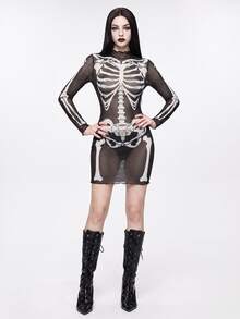 ROMWE Halloween Gothic Skeleton Flocked Sexy Sheer Mini Dress For Women - Black - View 1