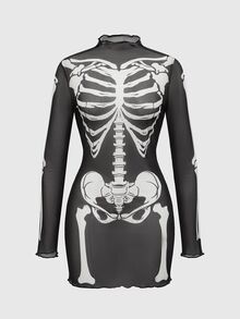 ROMWE Halloween Gothic Skeleton Flocked Sexy Sheer Mini Dress For Women - Black - View 3