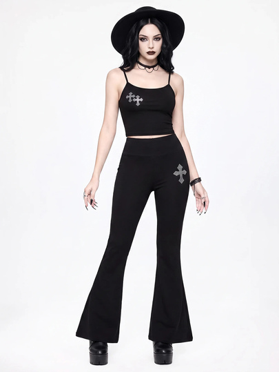 Goth Set de 2 piezas de camiseta de tirantes y shorts elásticos de punto con decoración de strass para mujeres