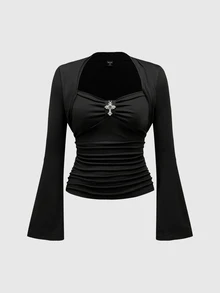 ROMWE Goth Kaos Lengan Panjang Elastis Warna Polos Motif Salib Gotik Vintage Hitam Kasual Musim Semi untuk Wanita - Hitam - View 3