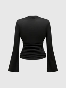 ROMWE Goth Kaos Lengan Panjang Elastis Warna Polos Motif Salib Gotik Vintage Hitam Kasual Musim Semi untuk Wanita - Hitam - View 2