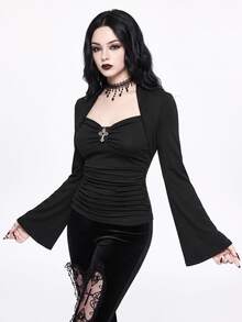 ROMWE Goth Kaos Lengan Panjang Elastis Warna Polos Motif Salib Gotik Vintage Hitam Kasual Musim Semi untuk Wanita - Hitam - View 1