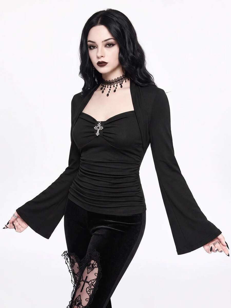 ROMWE Goth Kaos Lengan Panjang Elastis Warna Polos Motif Salib Gotik Vintage Hitam Kasual Musim Semi untuk Wanita - Hitam - View 1