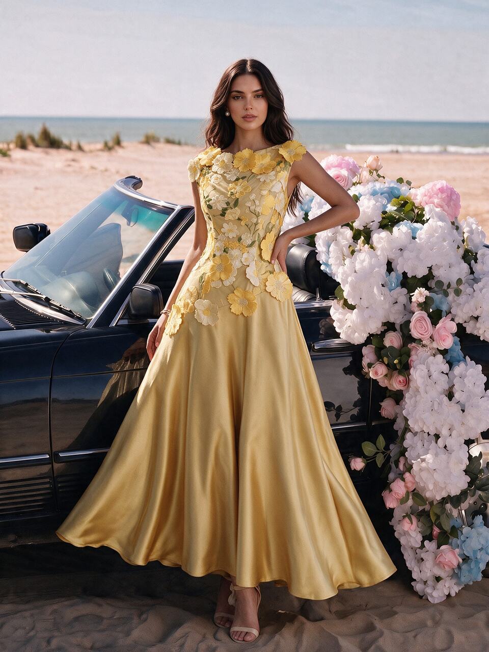 Anewsta Yellow Summer Elegant Vintage A-Line Dress With 3D Floral Craftsmanship,Waist Cinching Round Neck Cap Sleeves For Wedding Banquet Dinner Gala Hosting