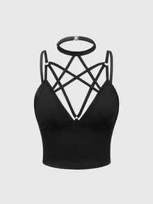 ROMWE Goth Women's Sexy Summer Solid Color Halter Halter Tank Top - Black - View 3