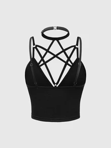 ROMWE Goth Women's Sexy Summer Solid Color Halter Halter Tank Top - Black - View 2