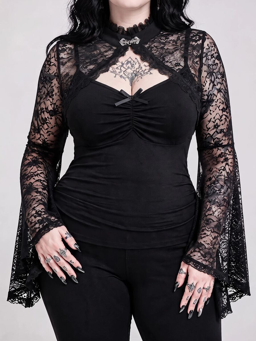 ROMWE Spring/Summer Carnival Party Casual Black Plus Size Gothic Lace Panel Open Front Top With Flare Sleeves - Black - View 1