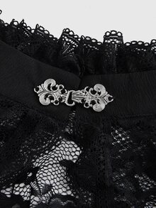 ROMWE Spring/Summer Carnival Party Casual Black Plus Size Gothic Lace Panel Open Front Top With Flare Sleeves - Black - View 4