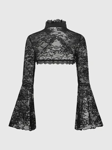 ROMWE Spring/Summer Carnival Party Casual Black Plus Size Gothic Lace Panel Open Front Top With Flare Sleeves - Black - View 2