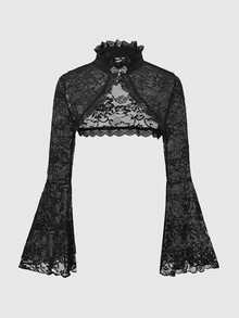 ROMWE Spring/Summer Carnival Party Casual Black Plus Size Gothic Lace Panel Open Front Top With Flare Sleeves - Black - View 3