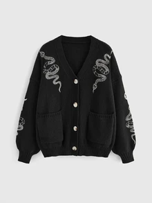 ROMWE Goth Cárdigan holgado y de talla grande con cuello en V con bordado de serpiente y luna creciente, para invierno - Negro - Ver 1