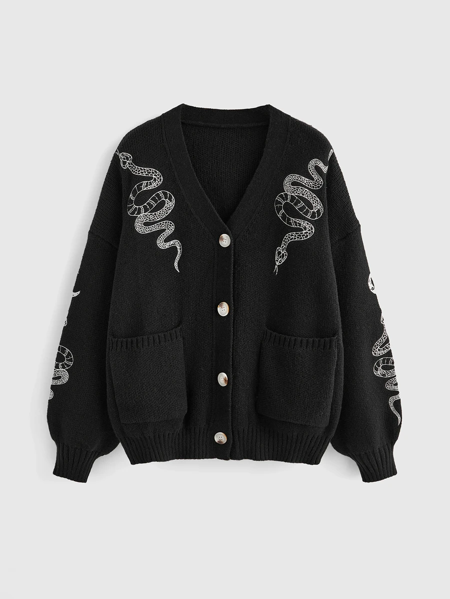 ROMWE Goth Cárdigan holgado y de talla grande con cuello en V con bordado de serpiente y luna creciente, para invierno - Negro - Ver 1