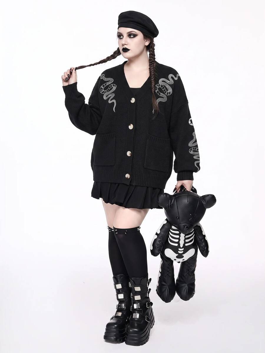 ROMWE Valentine's Day Graphic Black Gothic Snake & Crescent Moon Embroidered V-Neck Loose Plus Size Cardigan, For Winter - Black - View 1