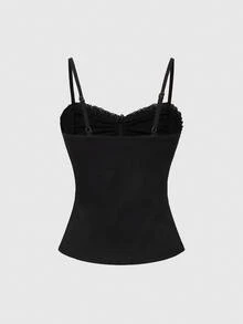 ROMWE Goth 哥特式吊坠蕾丝拼布褶饰紧身女式背心 - 黑色 - 查看 2