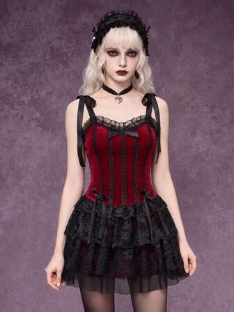Goth Gotischer Retro-Palast-Stil Kontrastfarbenes Spitzen-Trim Kreuz Anhänger Damen Samt Spaghettiträger Kleid