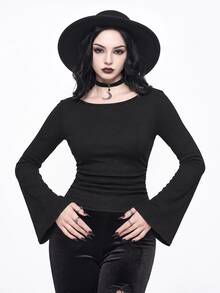 ROMWE Goth Spring Casual Black Sexy Basic V-Neck Flare Sleeve Solid Color Bodycon Women T-Shirt - Black - View 1