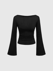 ROMWE Goth Spring Casual Black Sexy Basic V-Neck Flare Sleeve Solid Color Bodycon Women T-Shirt - Black - View 3