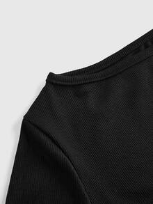 ROMWE Goth Spring Casual Black Sexy Basic V-Neck Flare Sleeve Solid Color Bodycon Women T-Shirt - Black - View 4