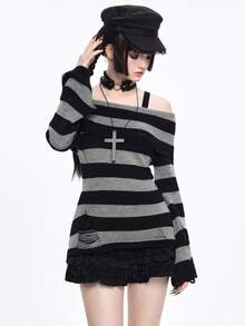 ROMWE Goth Spring Casual Fashionable Dark Punk Distressed Design Waist Cinched Off-Shoulder Crew Neck Black & Grey Striped Sweater - Black - View 7