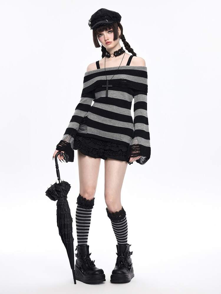 ROMWE Goth Spring Casual Fashionable Dark Punk Distressed Design Waist Cinched Off-Shoulder Crew Neck Black & Grey Striped Sweater - Black - View 9