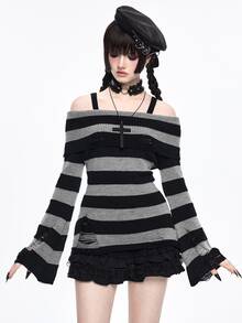 ROMWE Goth Spring Casual Fashionable Dark Punk Distressed Design Waist Cinched Off-Shoulder Crew Neck Black & Grey Striped Sweater - Black - View 4