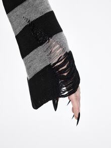 ROMWE Goth Spring Casual Fashionable Dark Punk Distressed Design Waist Cinched Off-Shoulder Crew Neck Black & Grey Striped Sweater - Black - View 6