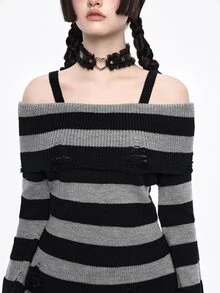 ROMWE Goth Spring Casual Fashionable Dark Punk Distressed Design Waist Cinched Off-Shoulder Crew Neck Black & Grey Striped Sweater - Black - View 3