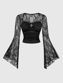 ROMWE Halloween Dark Gothic Cross Lace Patchwork Flared Sleeve Crew Neck Top For Women - Black - View 3